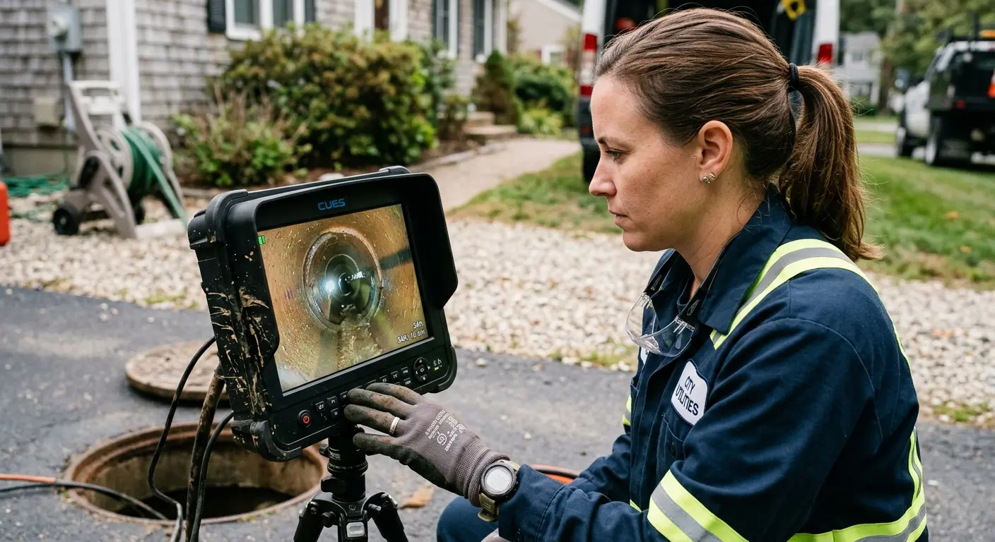 Technician reviewing sewer camera inspection footage in Jefferson Hills