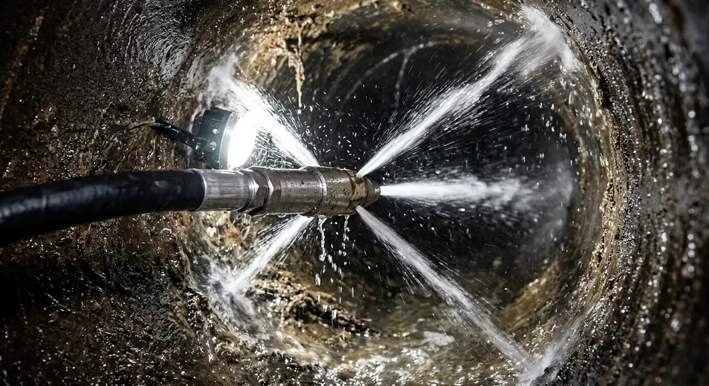 High-pressure hydro jetting nozzle cleaning sewer pipe for Trenchless Sewer Repair in Jefferson Hills
