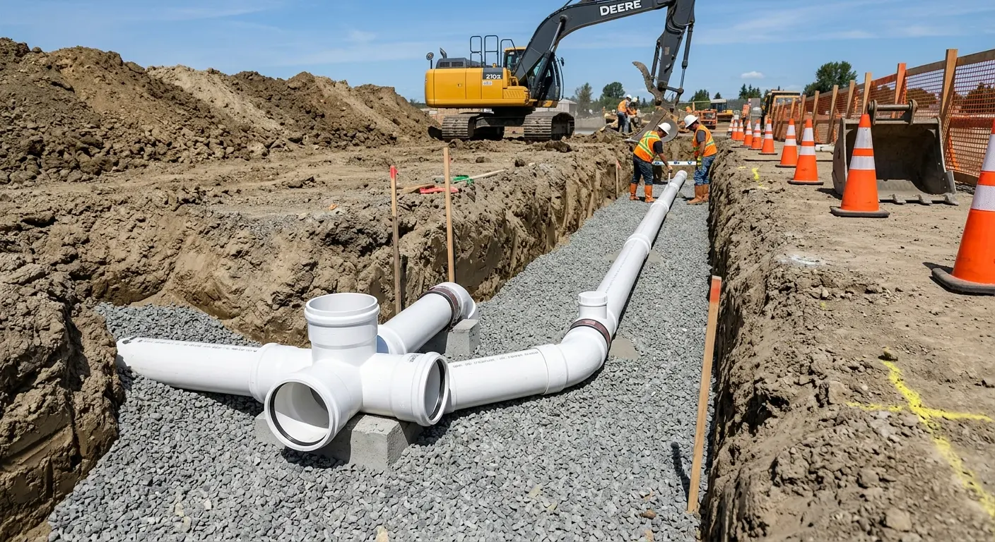 New PVC sewer pipe installation in open trench for Sewer Backup in Jefferson Hills