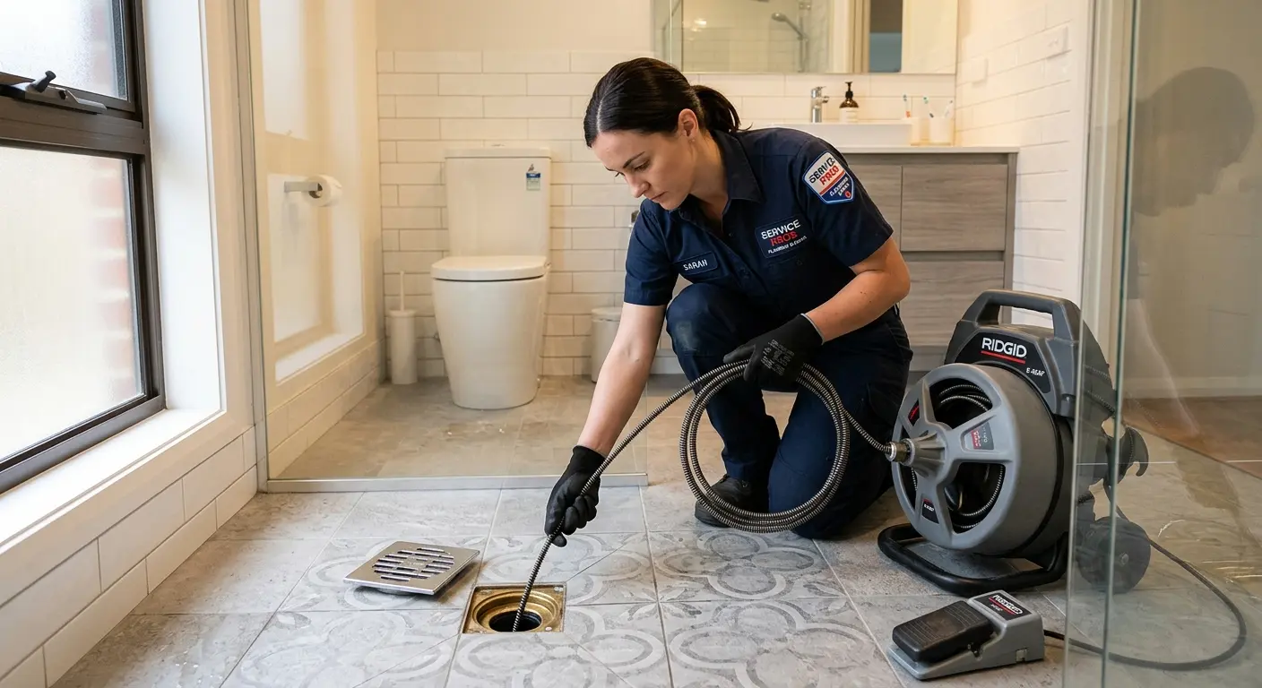 Technician clearing a bathroom floor drain for Clogged Drain Repair in Jefferson Hills